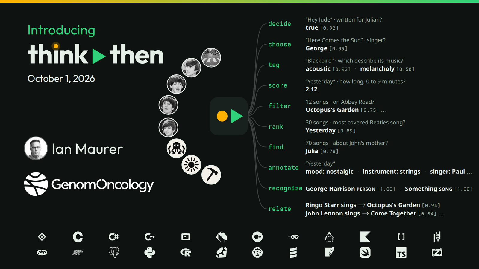 The ThinkThen launch card. The Beatles go in, ten functions come out, and each row shows one recorded answer with its probability.
